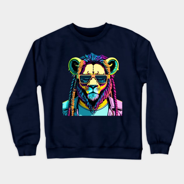 Lion's Tale: Selfie in the Heart of the Urban Jungle Crewneck Sweatshirt by SkloIlustrator